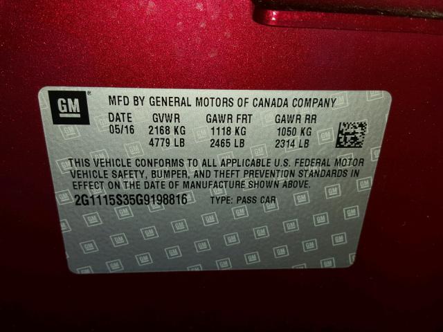 2G1115S35G9198816 - 2016 CHEVROLET IMPALA LT MAROON photo 10