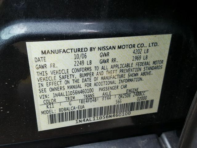 1N4AL11D56N460100 - 2006 NISSAN ALTIMA S BLACK photo 10