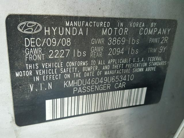 KMHDU46D49U653410 - 2009 HYUNDAI ELANTRA GL SILVER photo 10