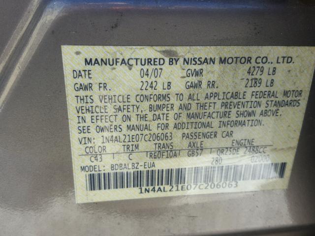 1N4AL21E07C206063 - 2007 NISSAN ALTIMA 2.5 GOLD photo 10