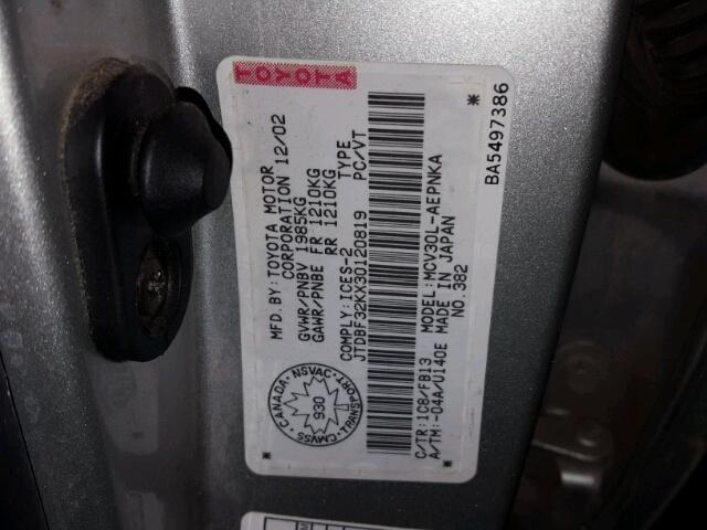 JTDBF32KX30120819 - 2003 TOYOTA CAMRY LE SILVER photo 10