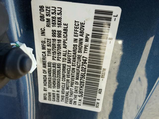 5J6YH28756L027947 - 2006 HONDA ELEMENT EX BLUE photo 10