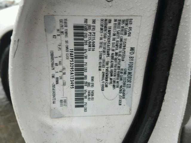 1FAFP53295A123495 - 2005 FORD TAURUS SE WHITE photo 10