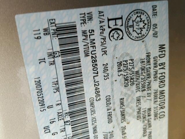 5LMFU28507LJ24863 - 2007 LINCOLN NAVIGATOR ოქროსფერი ფოტო 10