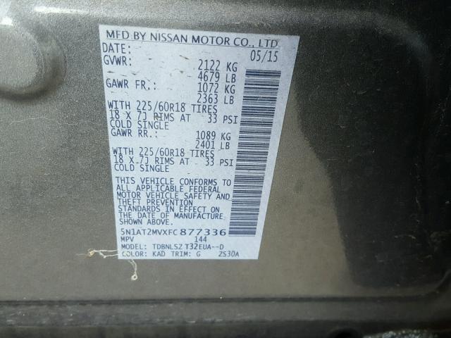 5N1AT2MVXFC877336 - 2015 NISSAN ROGUE S GRAY photo 10