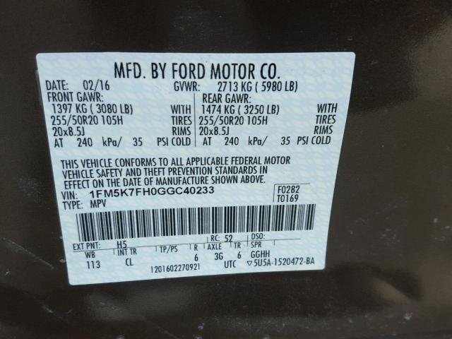 1FM5K7FH0GGC40233 - 2016 FORD EXPLORER L BROWN photo 10