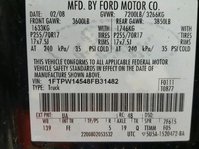 1FTPW14548FB31482 - 2008 FORD F150 SUPER BLACK photo 10