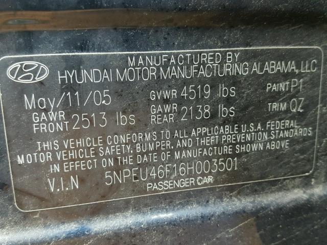 5NPEU46F16H003501 - 2006 HYUNDAI SONATA GLS BLACK photo 10