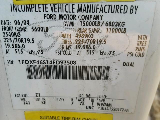 1FDXF46S14ED93508 - 2004 FORD F450 SUPER WHITE photo 10