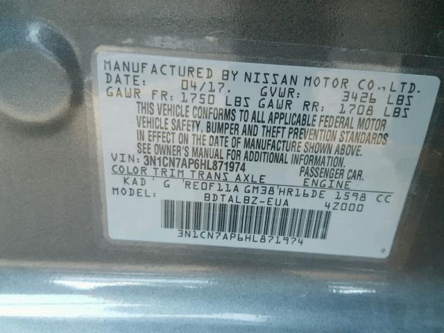 3N1CN7AP6HL871974 - 2017 NISSAN VERSA S GRAY photo 10