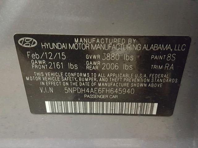 5NPDH4AE6FH645940 - 2015 HYUNDAI ELANTRA SE GRAY photo 10