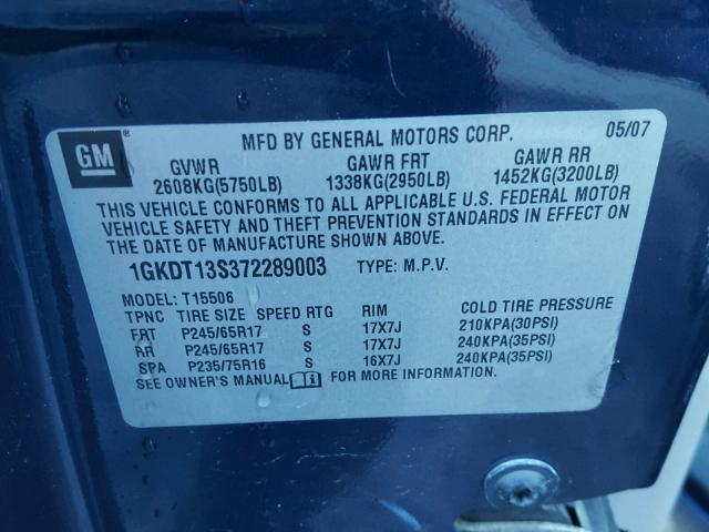 1GKDT13S372289003 - 2007 GMC ENVOY GRAY photo 10