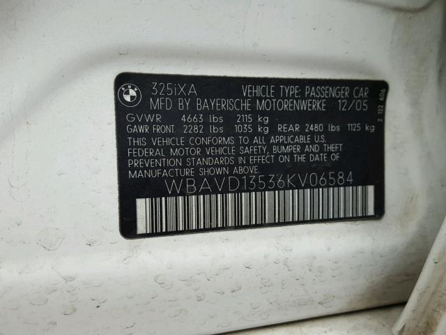 WBAVD13536KV06584 - 2006 BMW 325 XI WHITE photo 10