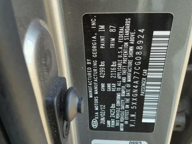 5XXGN4A77CG088924 - 2012 KIA OPTIMA EX GRAY photo 10