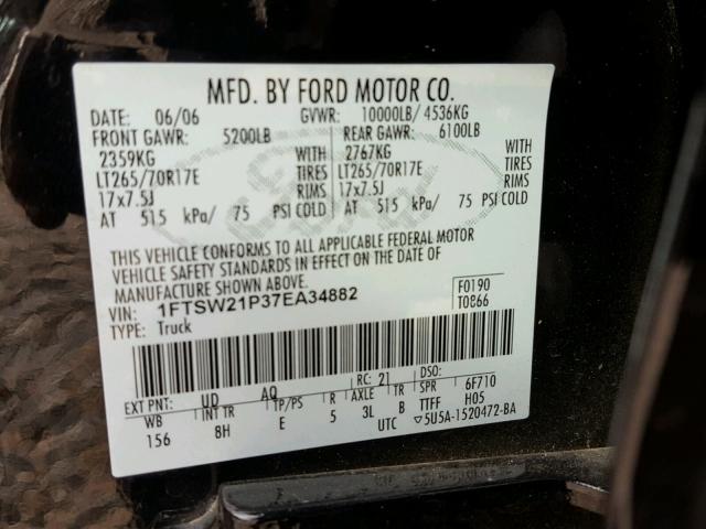 1FTSW21P37EA34882 - 2007 FORD F250 SUPER BLACK photo 10