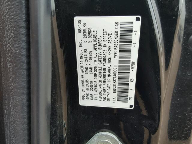 1HGCS1B87AA000011 - 2010 HONDA ACCORD EXL BLACK photo 10