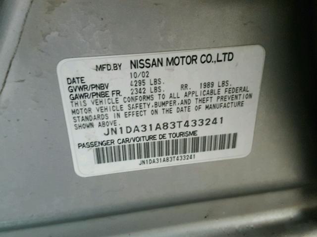 JN1DA31A83T433241 - 2003 NISSAN MAXIMA GLE SILVER photo 10