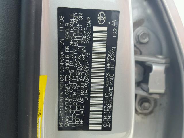 JTDBT903494057175 - 2009 TOYOTA YARIS GRAY photo 10