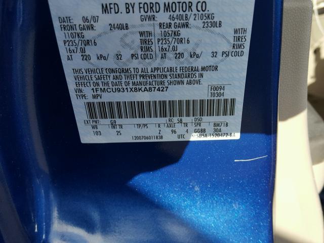 1FMCU931X8KA87427 - 2008 FORD ESCAPE XLT BLUE photo 10