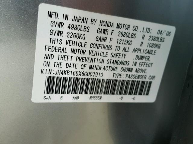 JH4KB165X6C007913 - 2006 ACURA RL SILVER photo 10