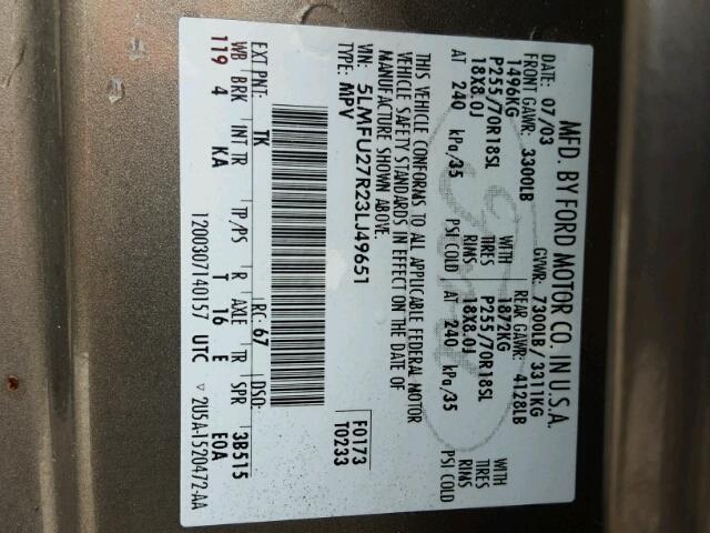 5LMFU27R23LJ49651 - 2003 LINCOLN NAVIGATOR BROWN photo 10