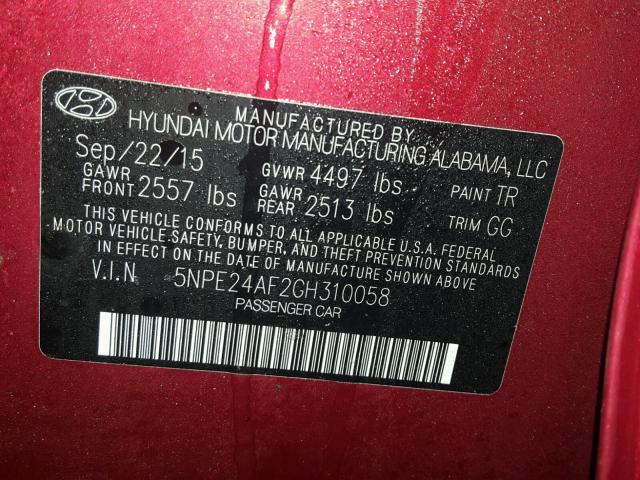 5NPE24AF2GH310058 - 2016 HYUNDAI SONATA SE BURGUNDY photo 10