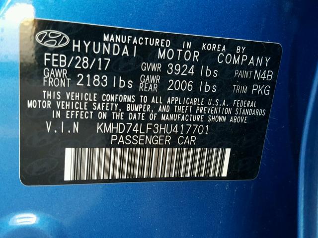 KMHD74LF3HU417701 - 2017 HYUNDAI ELANTRA SE BLUE photo 10