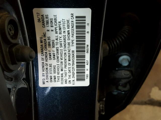 2HGFC2F79HH536438 - 2017 HONDA CIVIC EX ლურჯი ფოტო 10