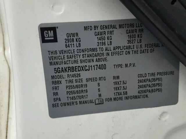 5GAKRBEDXCJ117400 - 2012 BUICK ENCLAVE WHITE photo 10