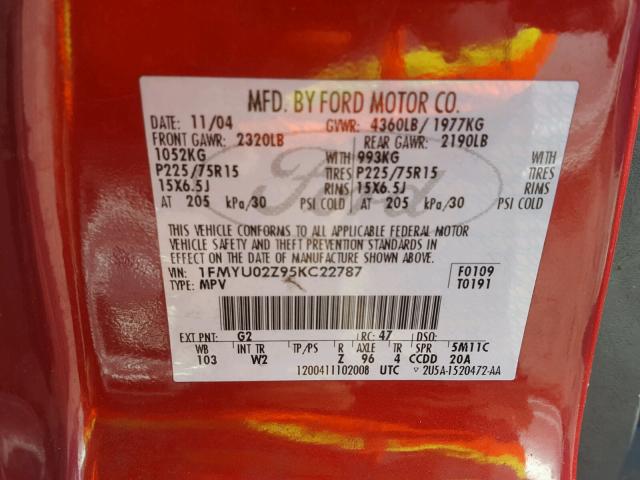 1FMYU02Z95KC22787 - 2005 FORD ESCAPE XLS RED photo 10