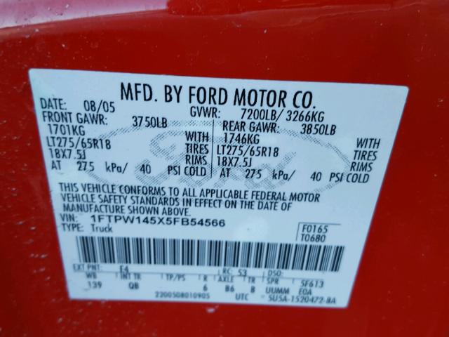 1FTPW145X5FB54566 - 2005 FORD F150 SUPER RED photo 10