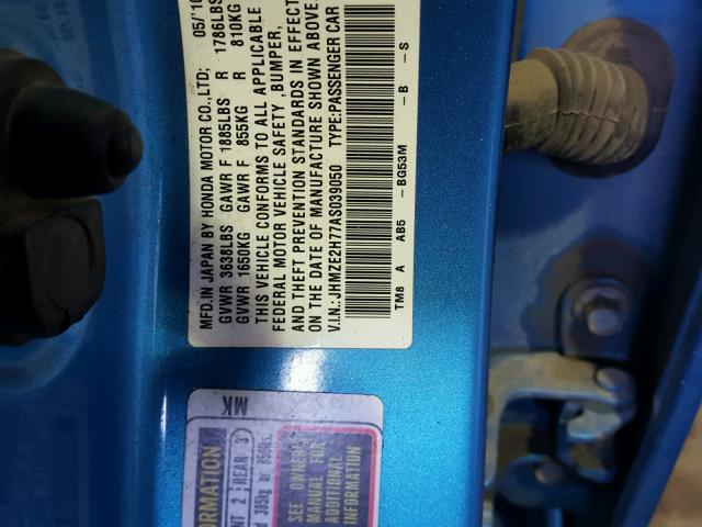 JHMZE2H77AS039050 - 2010 HONDA INSIGHT EX BLUE photo 10