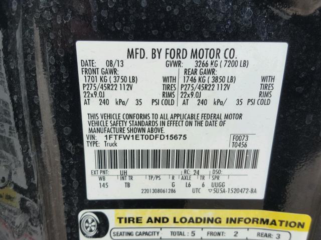 1FTFW1ET0DFD15675 - 2013 FORD F150 SUPER BLACK photo 10