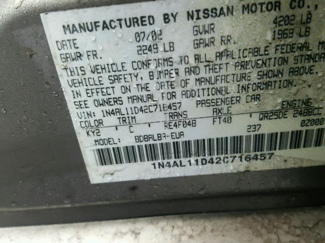 1N4AL11D42C716457 - 2002 NISSAN ALTIMA BAS GOLD photo 10