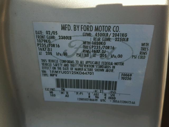 1FMYU03125KD64701 - 2005 FORD ESCAPE XLT SILVER photo 10