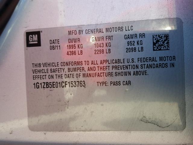 1G1ZB5E01CF153763 - 2012 CHEVROLET MALIBU LS ვერცხლისფერი ფოტო 10