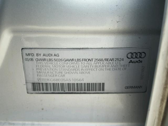 WAUKG68E05A510564 - 2005 AUDI A4 3.2 AVA GRAY photo 10