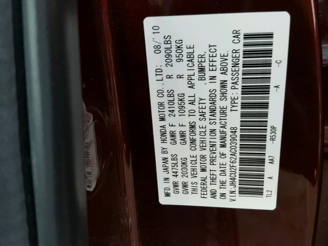 JH4CU2F62AC039048 - 2010 ACURA TSX BURGUNDY photo 10