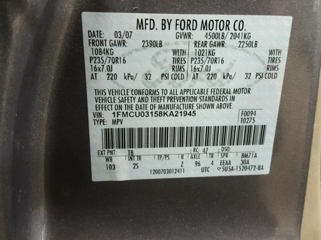 1FMCU03158KA21945 - 2008 FORD ESCAPE XLT GRAY photo 10