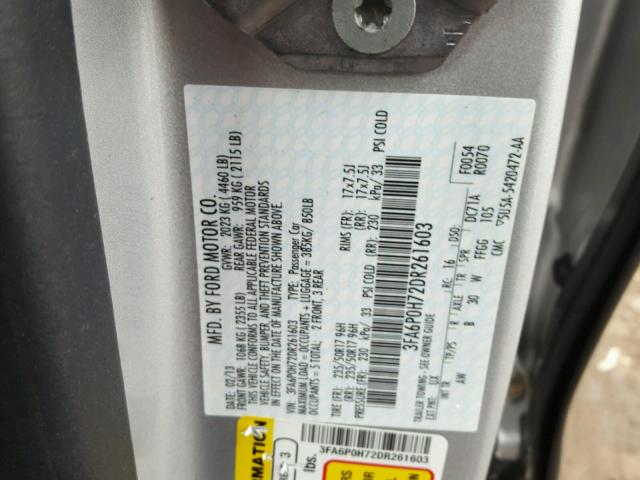 3FA6P0H72DR261603 - 2013 FORD FUSION SE SILVER photo 10