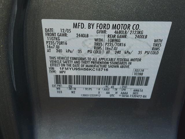 1FMYU95H56KC15716 - 2006 FORD ESCAPE HEV TWO TONE photo 10