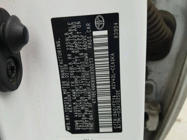 4T1BE46K89U920213 - 2009 TOYOTA CAMRY BASE WHITE photo 10