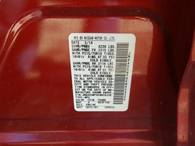 JN8AS5MT6EW604208 - 2014 NISSAN ROGUE SELE RED photo 10