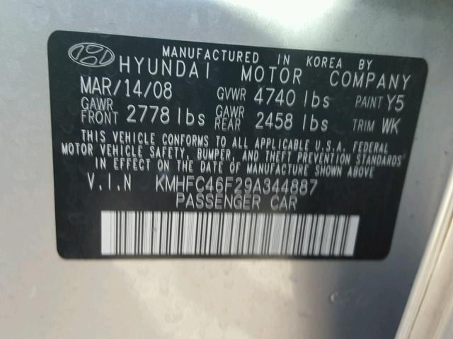 KMHFC46F29A344887 - 2009 HYUNDAI AZERA SE SILVER photo 10