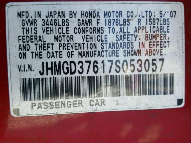 JHMGD37617S053057 - 2007 HONDA FIT S RED photo 10