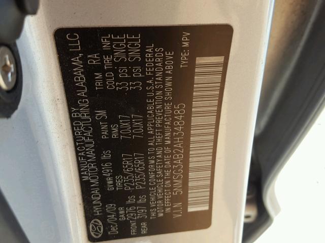 5NMSG3AB2AH348485 - 2010 HYUNDAI SANTA FE G SILVER photo 10