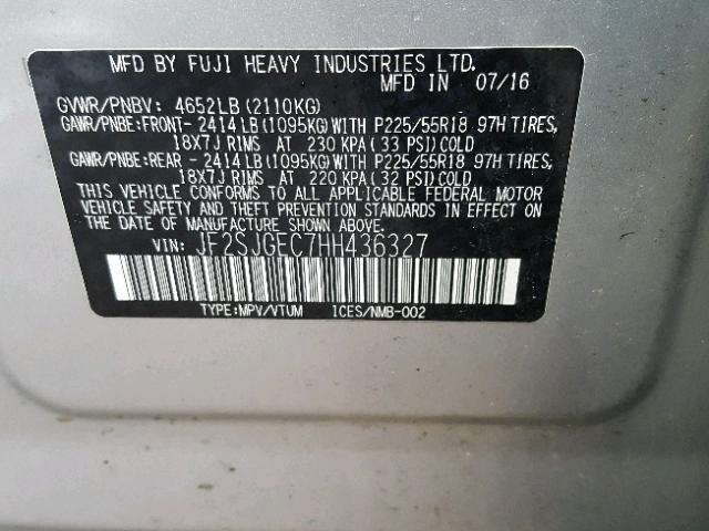 JF2SJGEC7HH436327 - 2017 SUBARU FORESTER 2 SILVER photo 10