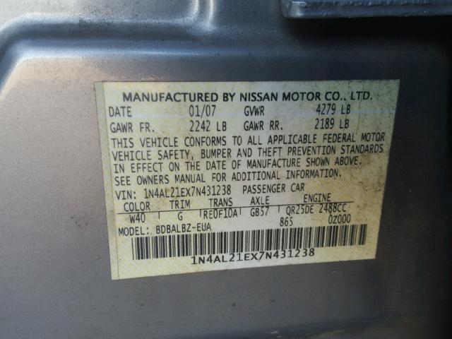 1N4AL21EX7N431238 - 2007 NISSAN ALTIMA 2.5 SILVER photo 10