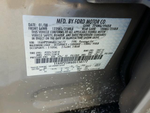 1FAHP25W68G156172 - 2008 FORD TAURUS LIM GOLD photo 10