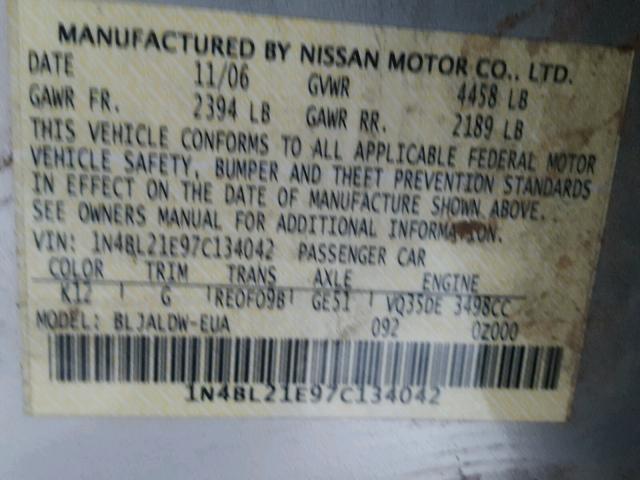 1N4BL21E97C134042 - 2007 NISSAN ALTIMA 3.5 SILVER photo 10